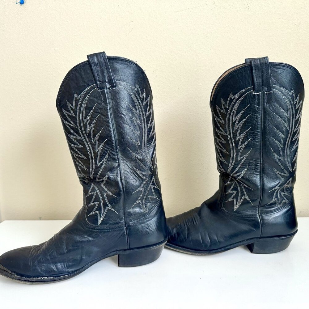 Nocona Cowboy Boots Black 10 Round Toe USA White Stitching Metal Tip Vintage